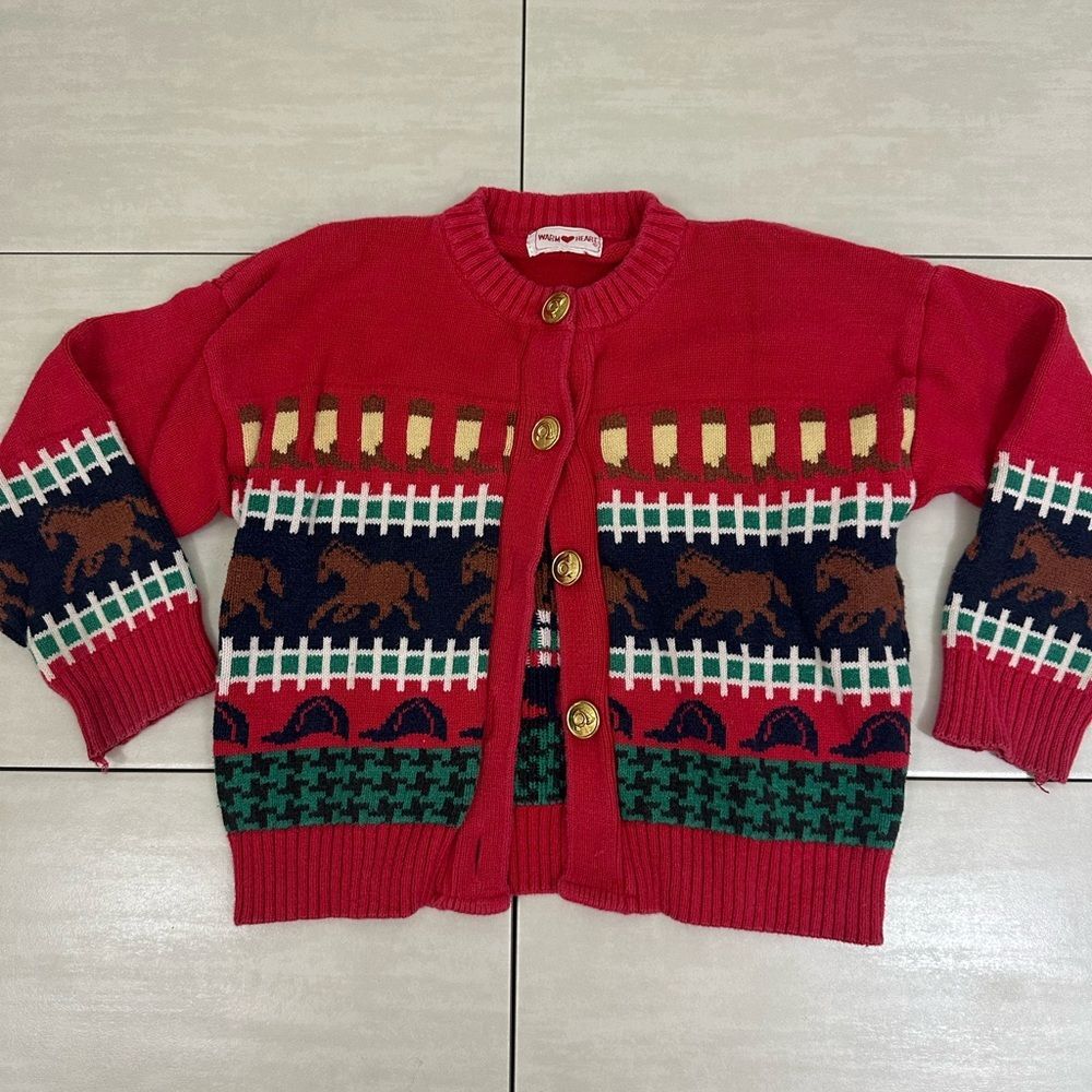 Vintage Warm Heart Kids Horse Racing Western Knit Long Sleeve Red Cardigan